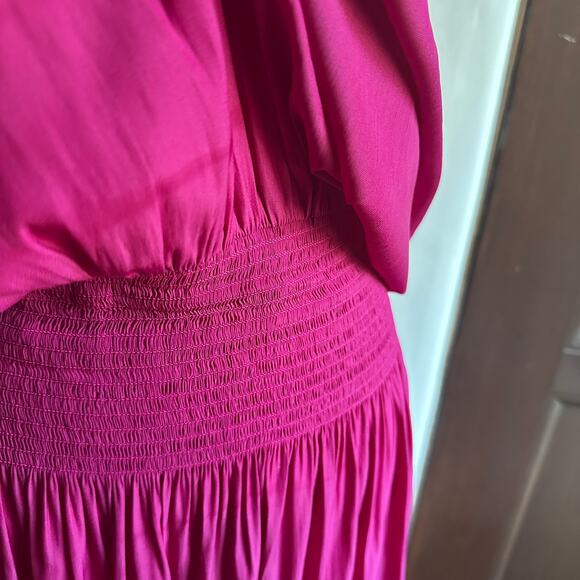 RAMY BROOK | Audrey High Neck Smocked Waist Midi Dress Magenta Pink | Size Large - Picture 5 of 8